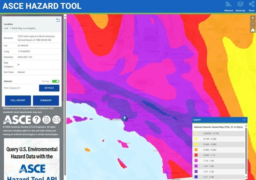 ASCE Hazard Tool interface displaying seismic hazard map and location input panel