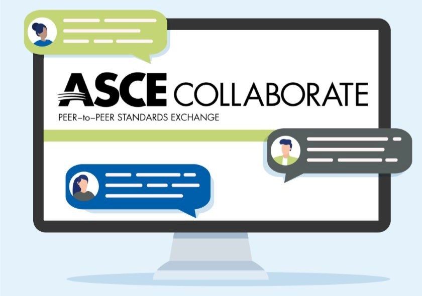 ASCE Peer-to-Peer Standards Exchange platform shown on a computer screen with chat bubbles, supporting engineers collaborating and sharing standards in ASCE Collaborate.