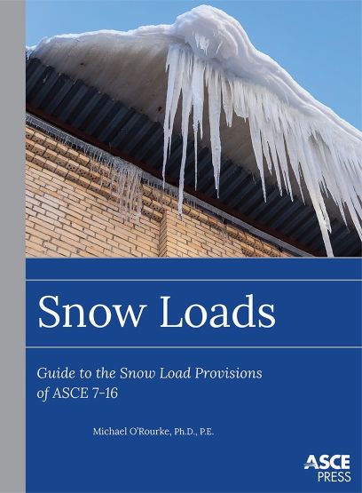 Cover of the Snow Loads guide showing large icicles hanging from a roof edge above a brick building under a clear blue sky.