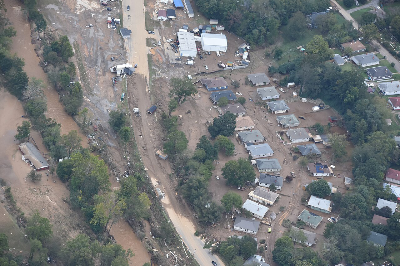 Aerial view of extensive flooding in a residential neighborhood