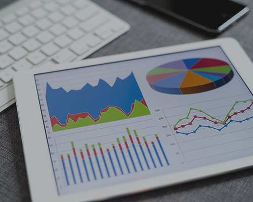 Four colorful graphs displayed on a tablet