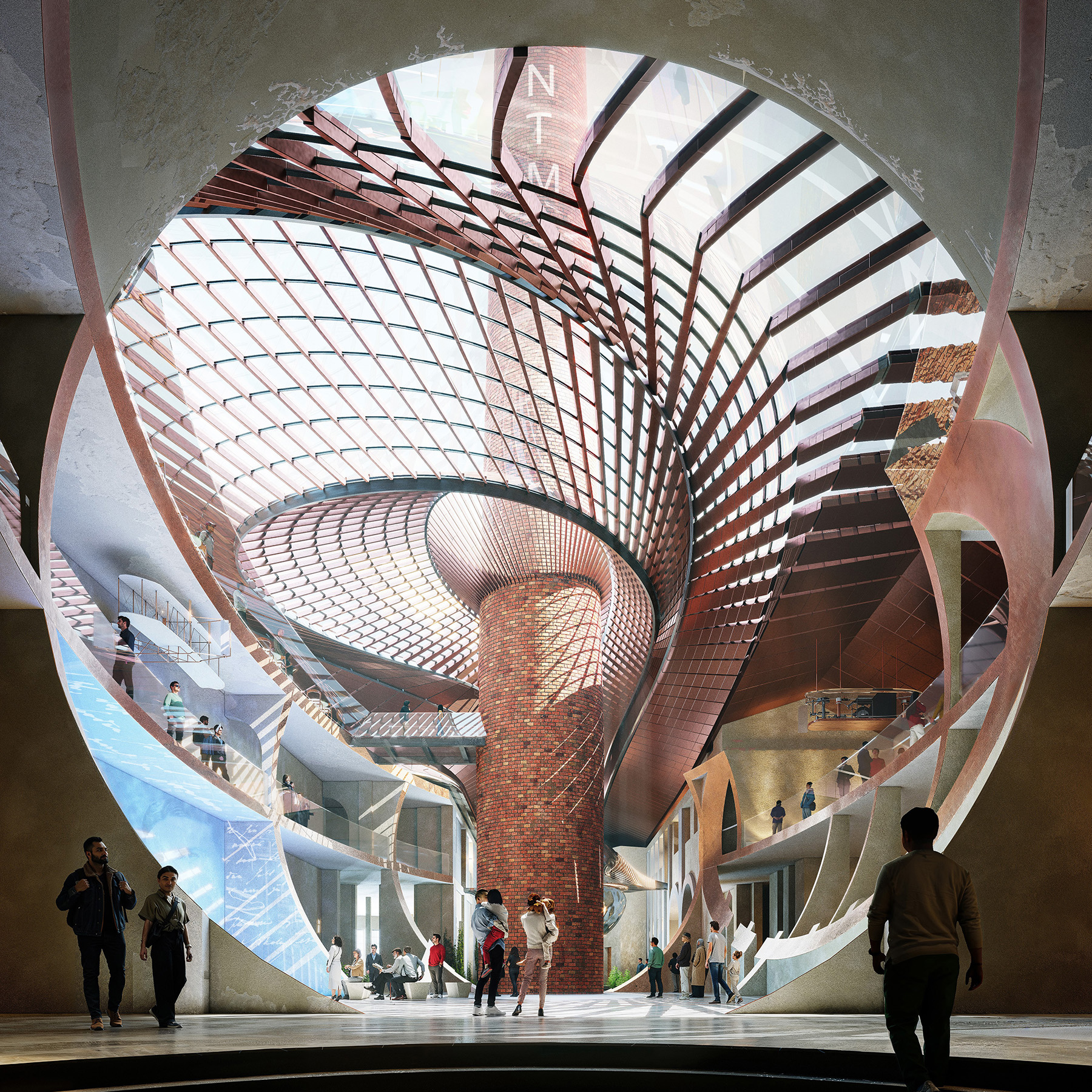 the museum's atrium featuring a sphere theme