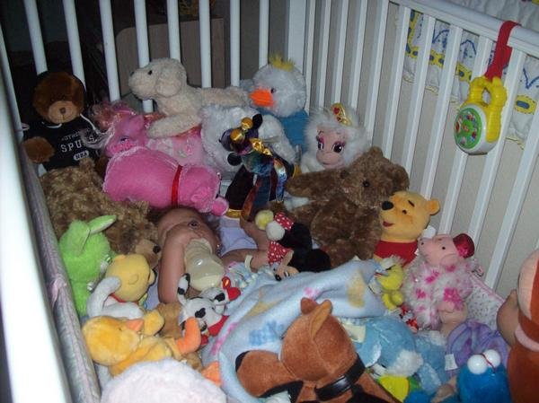 photo of stuffies in a crib