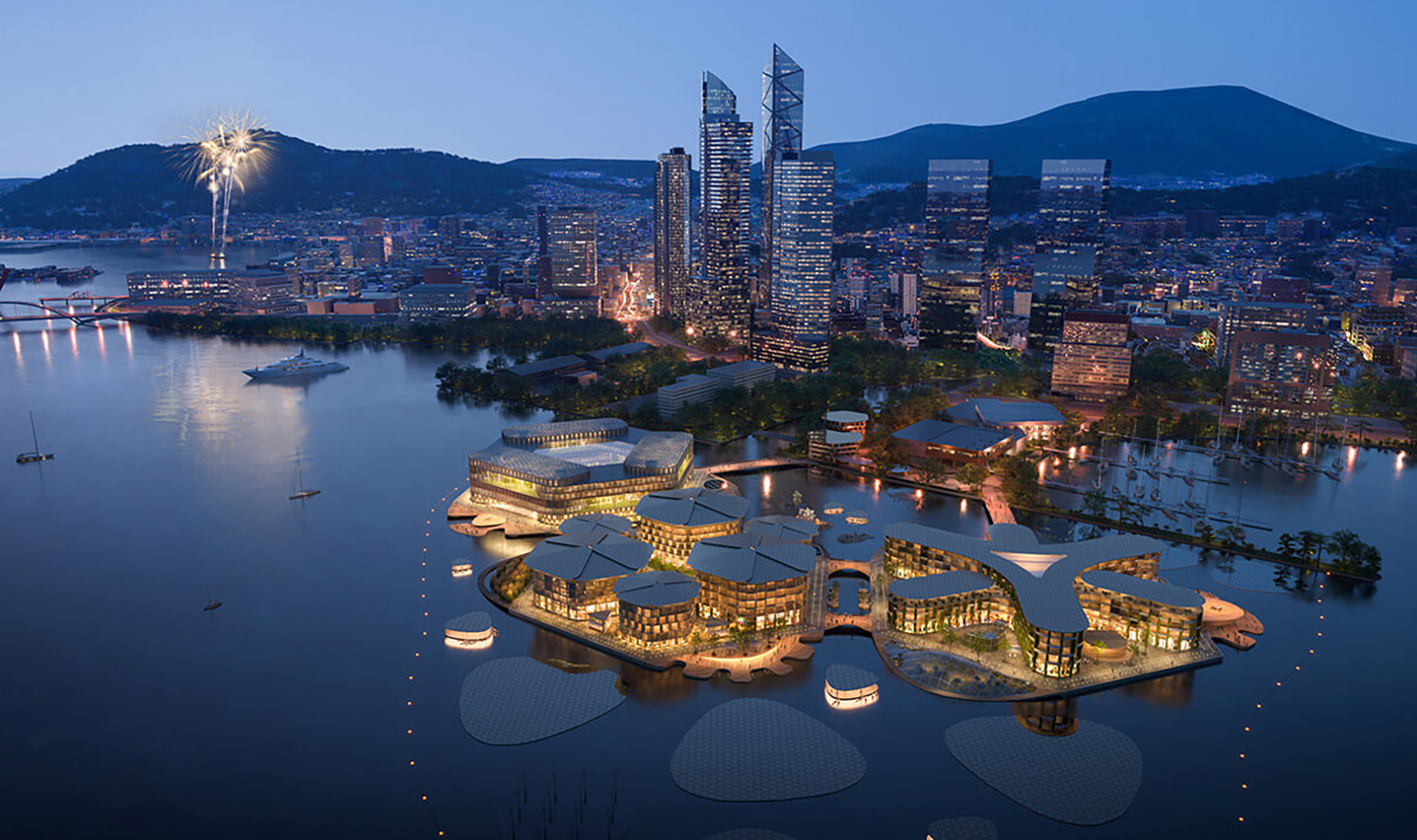 a city with buildings and waterways