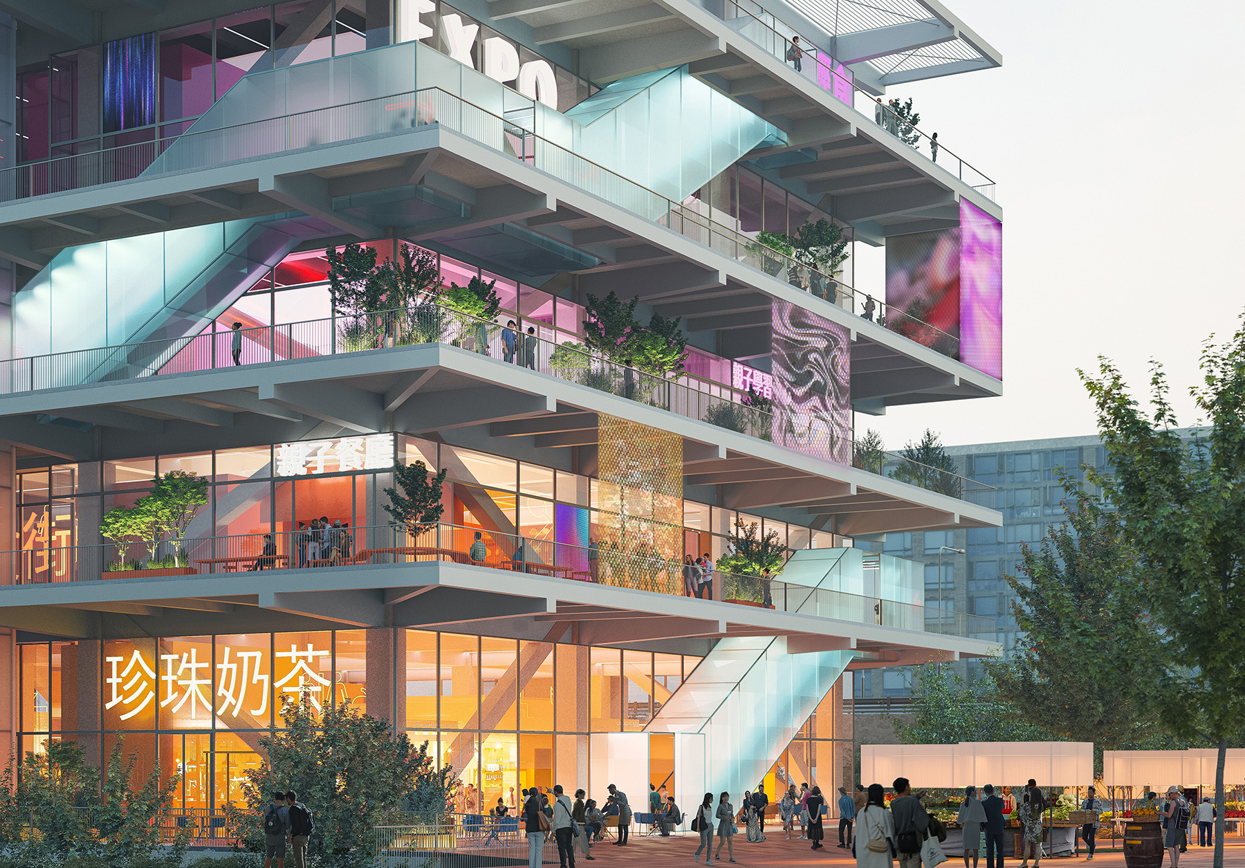 exterior of glass building with trees and people below exterior of glass building with trees and people below