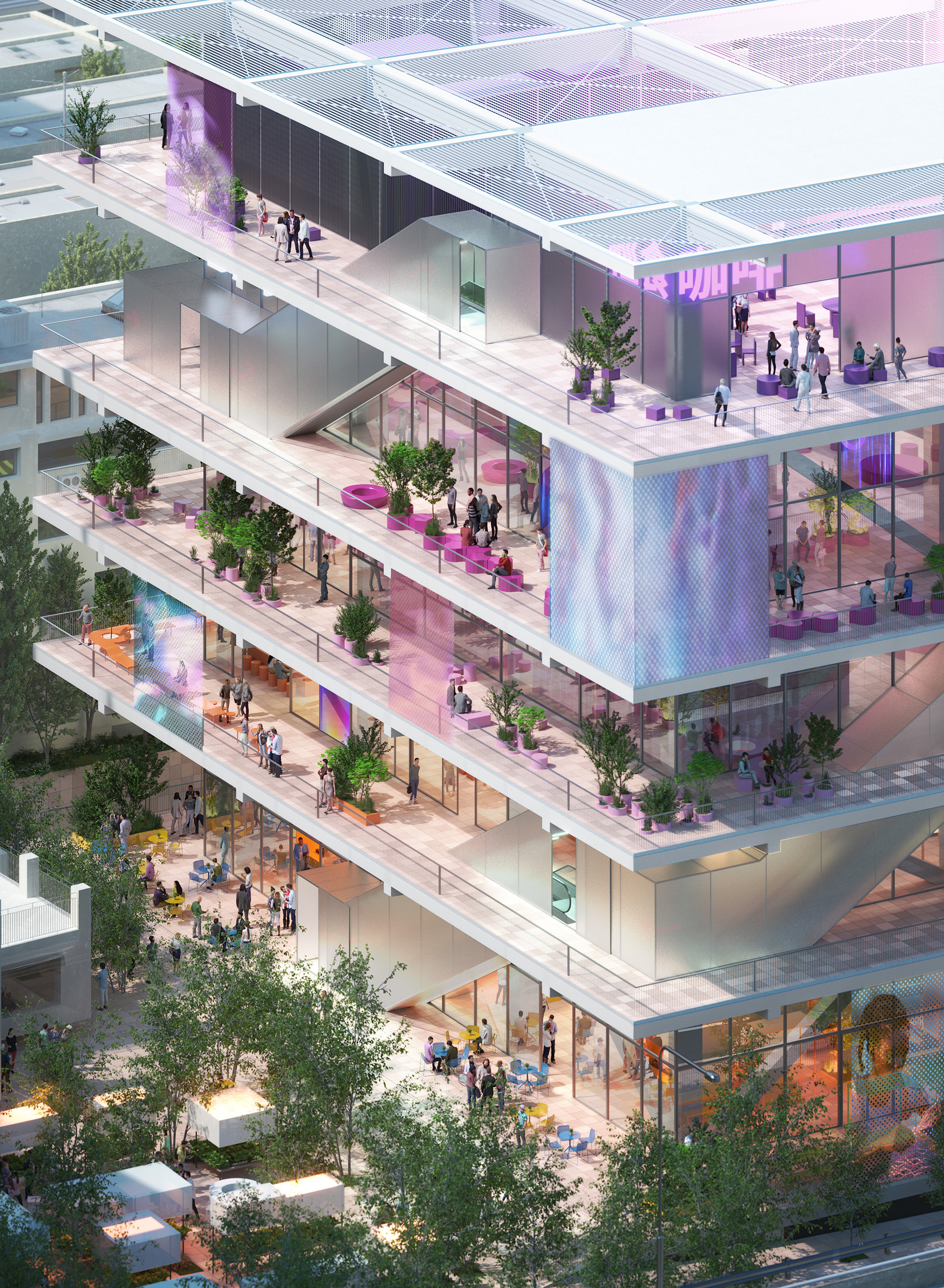 glass building with trees and people below glass building with trees and people below