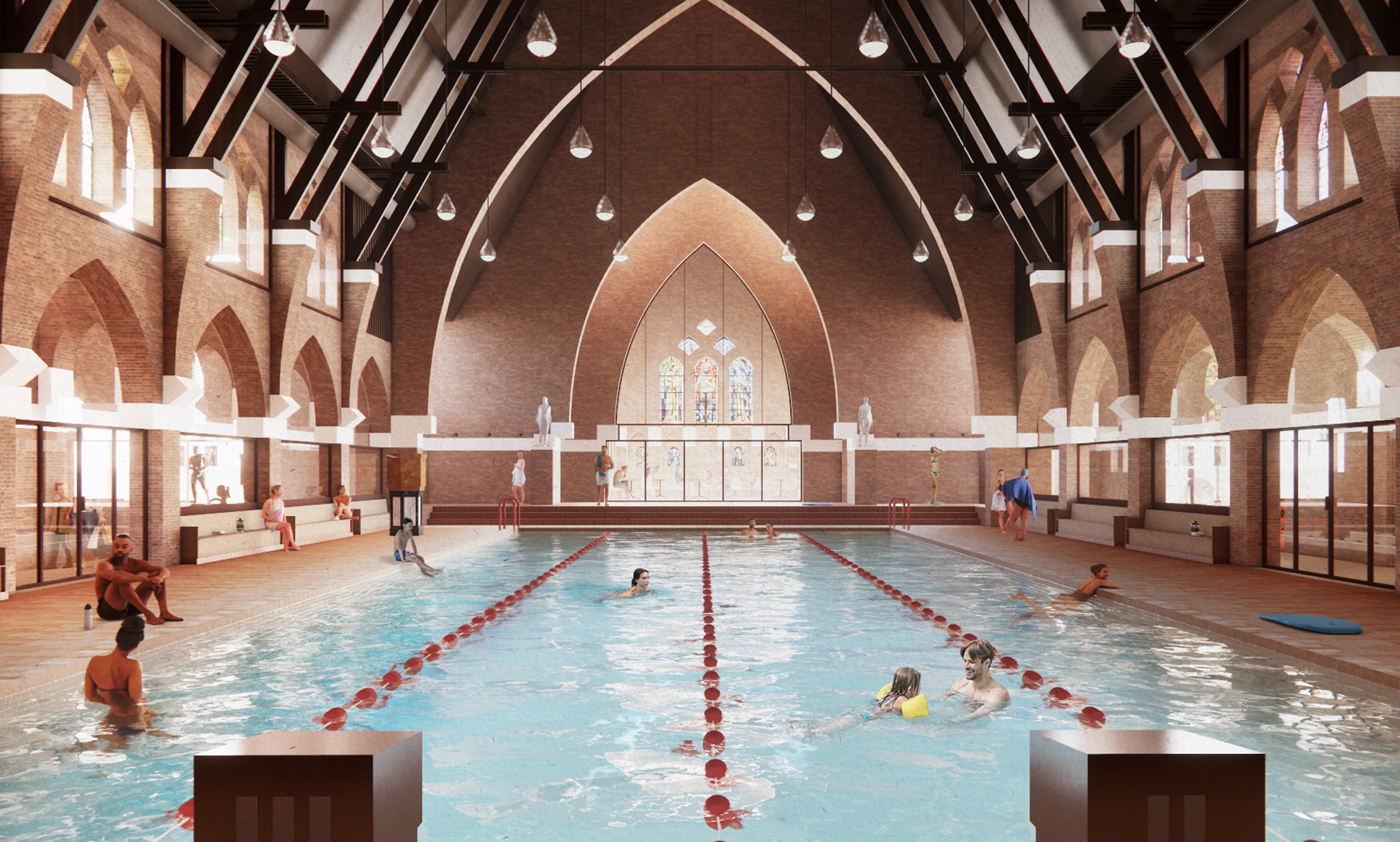 people swin in a pool with church elements in background people swin in a pool with church elements in background