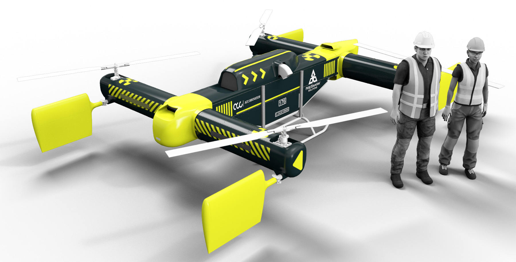 computer-generated image of a drone with two men in hard hats standing next to it computer-generated image of a drone with two men in hard hats standing next to it