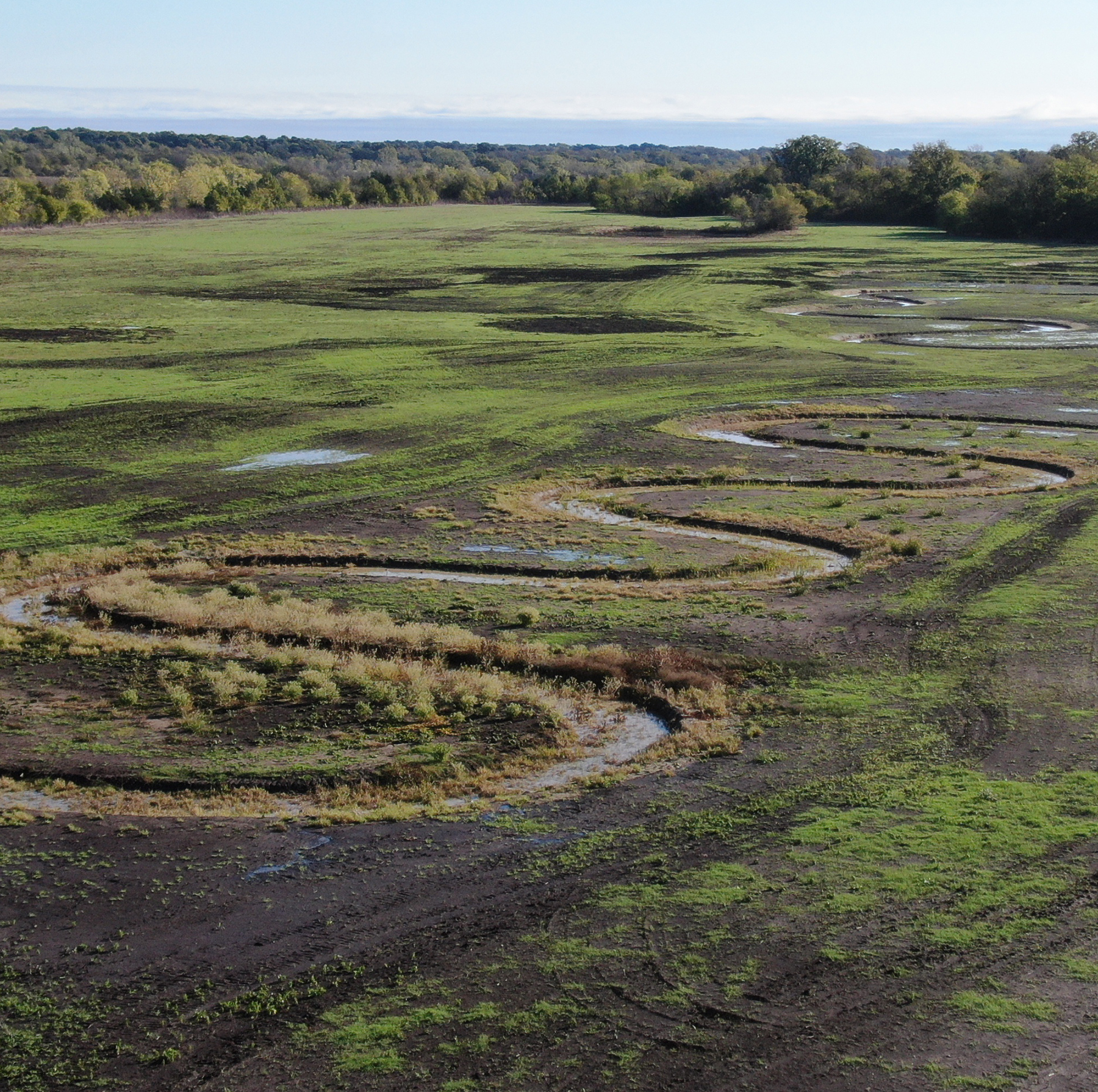 aerial image of streams flowing through undeveloped land