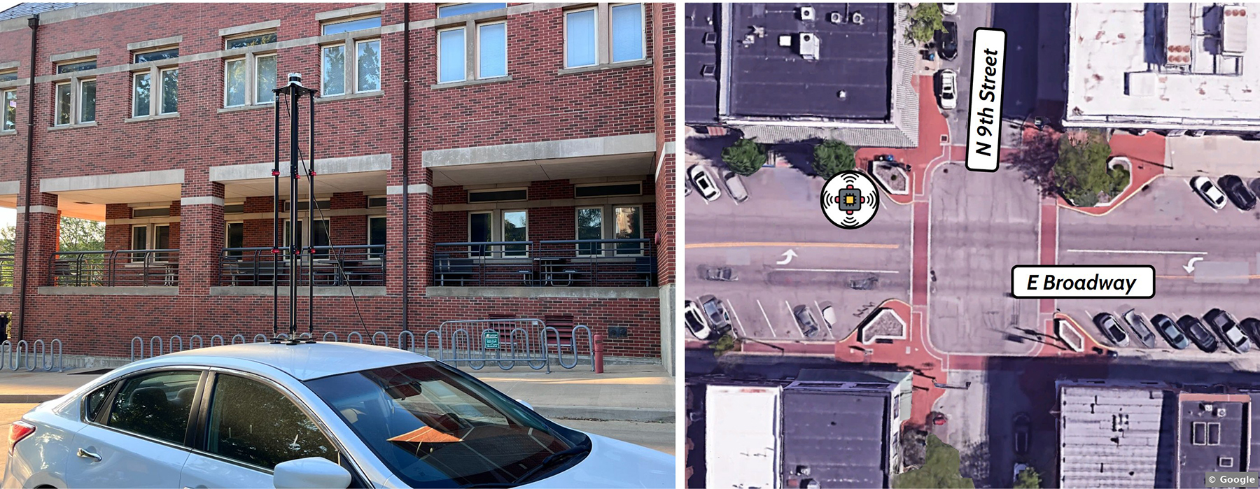 split screen of car in front of brick building and aerial map with labeled streets split screen of car in front of brick building and aerial map with labeled streets