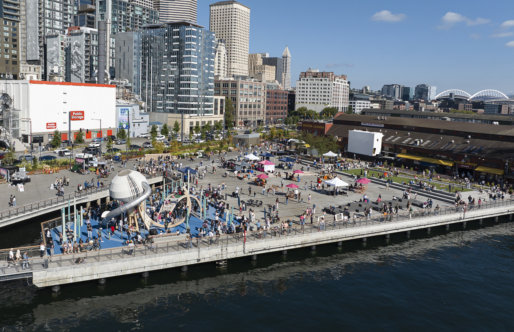 view of a pier with the Seattle skyline in the background