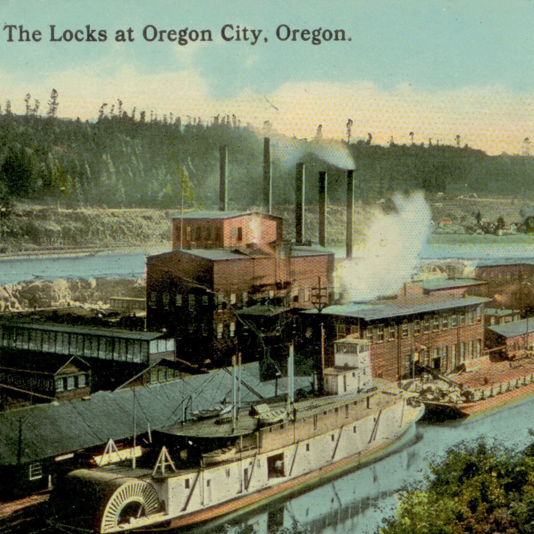 old postcard displays boats lined up along a dock-like structure in a river