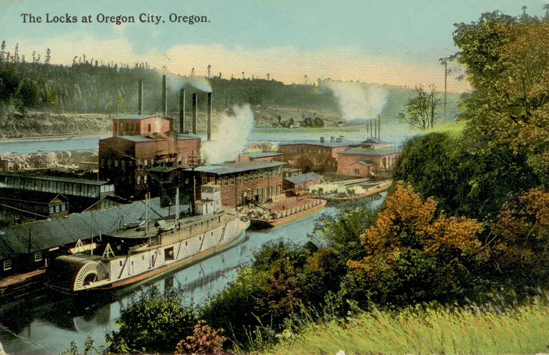 old-time postcard shows Willamette Falls Locks