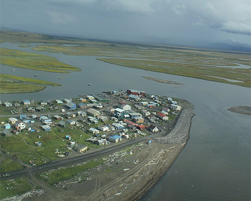 Aerial view of Unalakleet, Alaska, surrounded by coastal area of Norton Sound