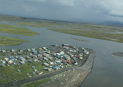 Aerial view of Unalakleet, Alaska, surrounded by coastal area of Norton Sound