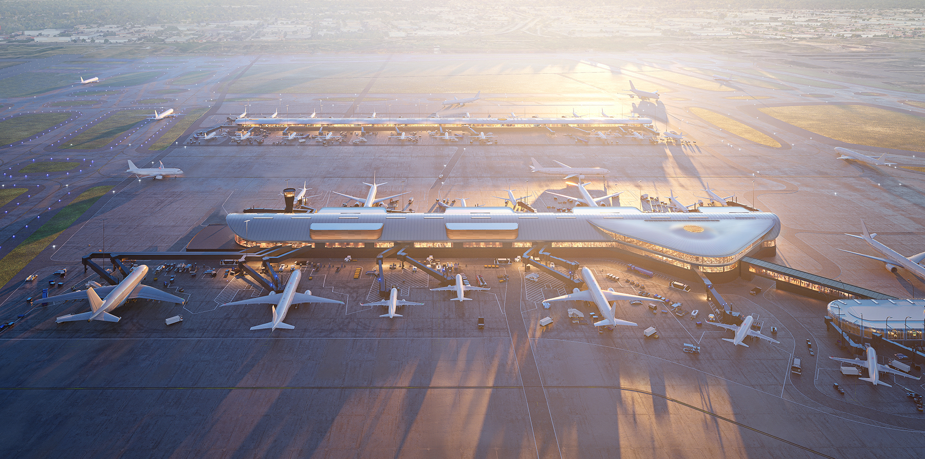 aerial view of an airport terminal surrounded by planes