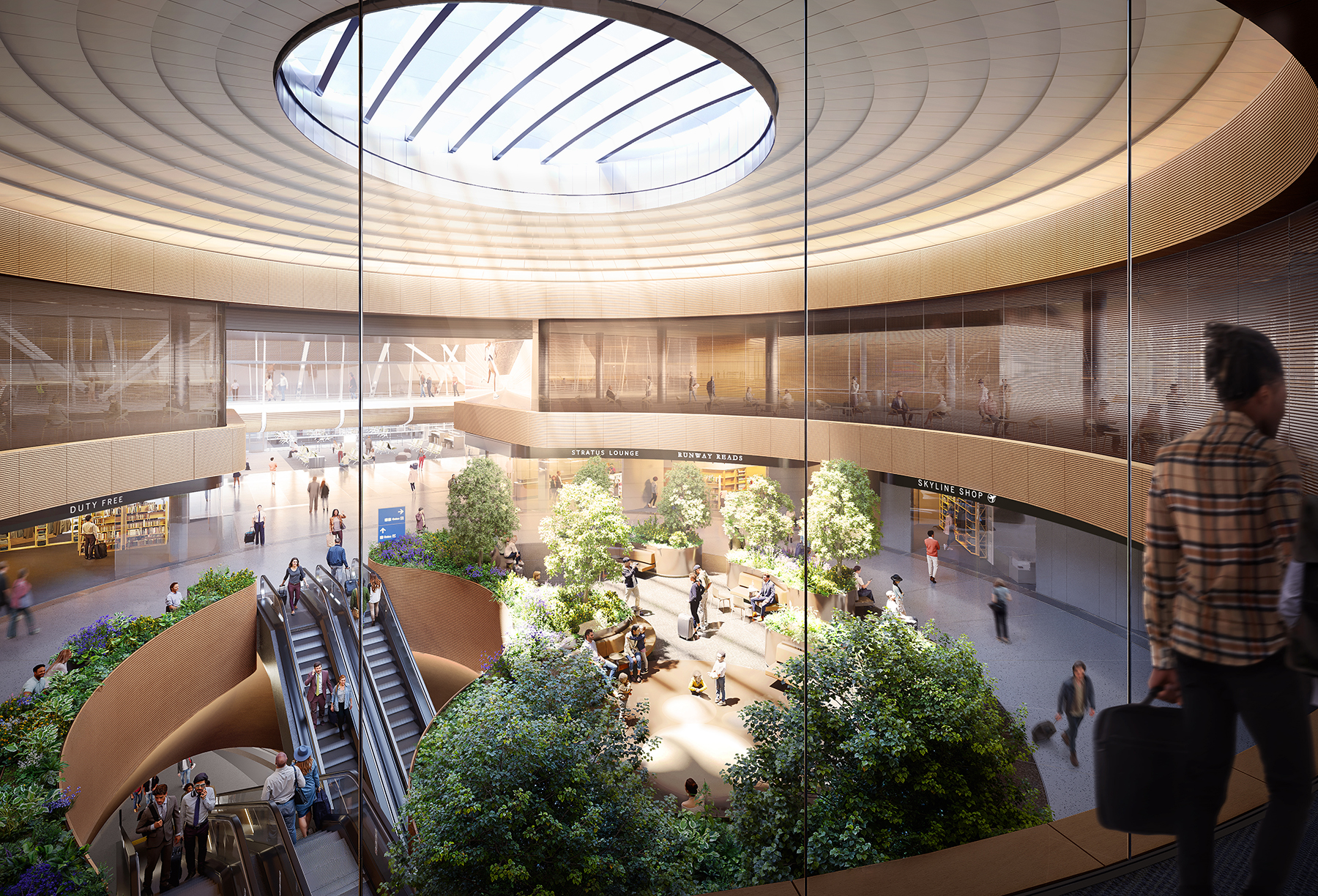 inside picture of a terminal featuring indoor trees and an overhead oculus