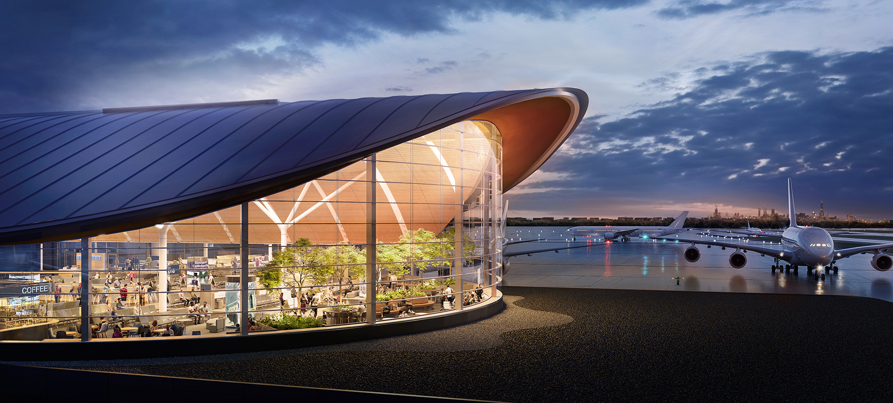 nightime outdoor image of terminal emitting light with trees inside and an airplane outside