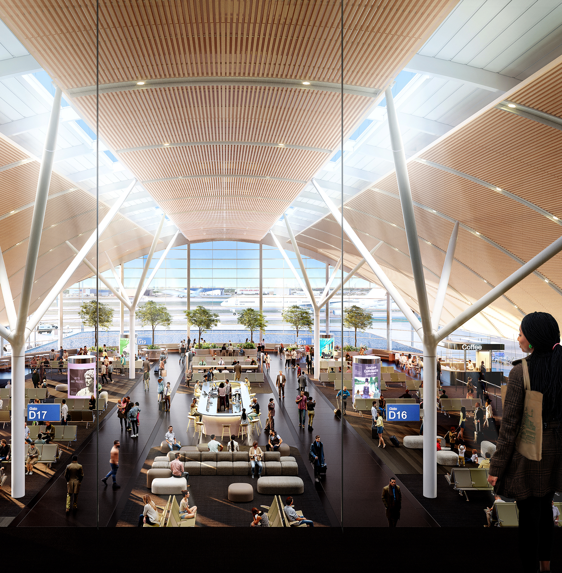 interior view of a terminal featuring greenery and a domed roof