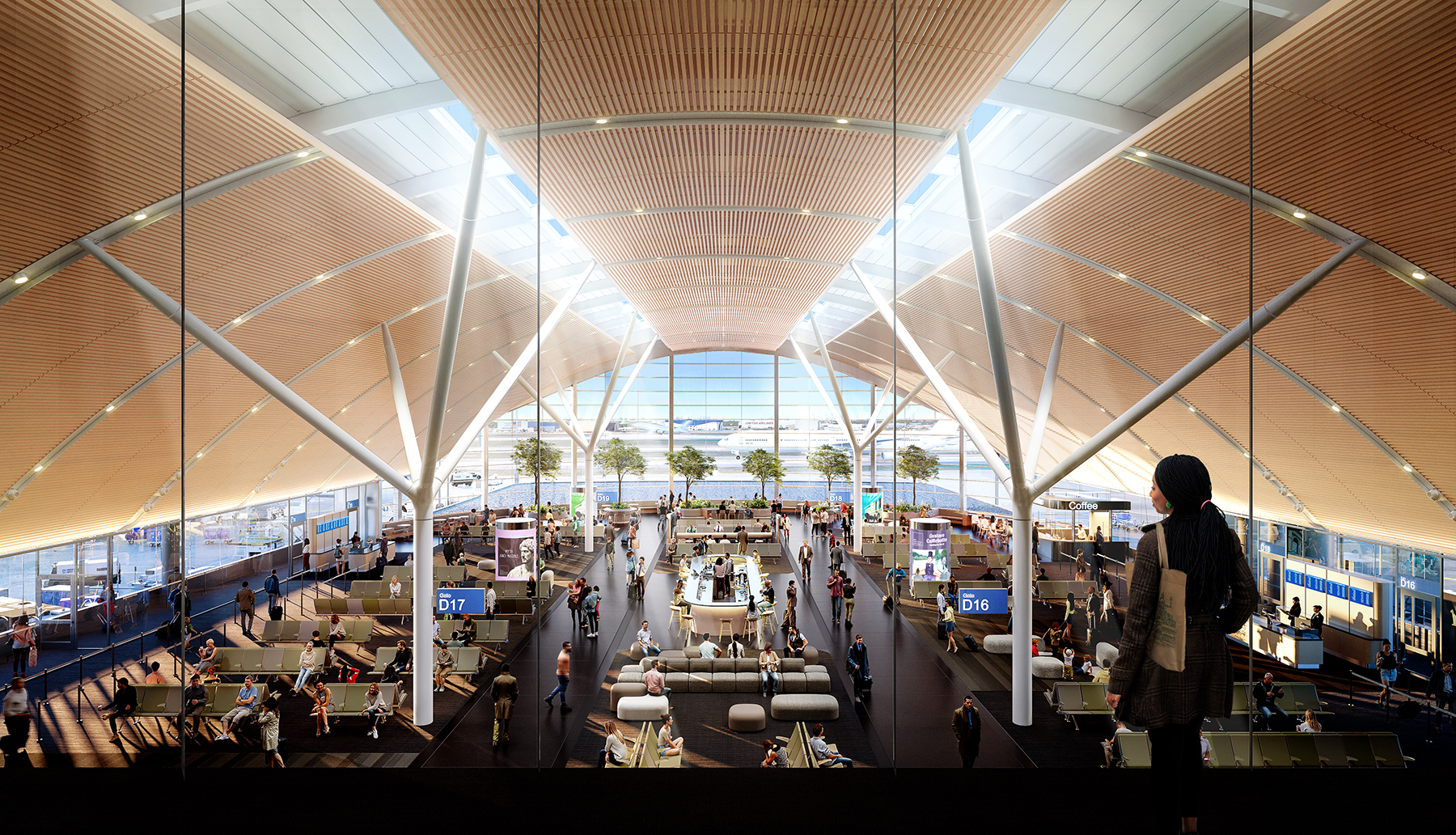 interior shot of airport terminal featuring trees and a curved ceiling