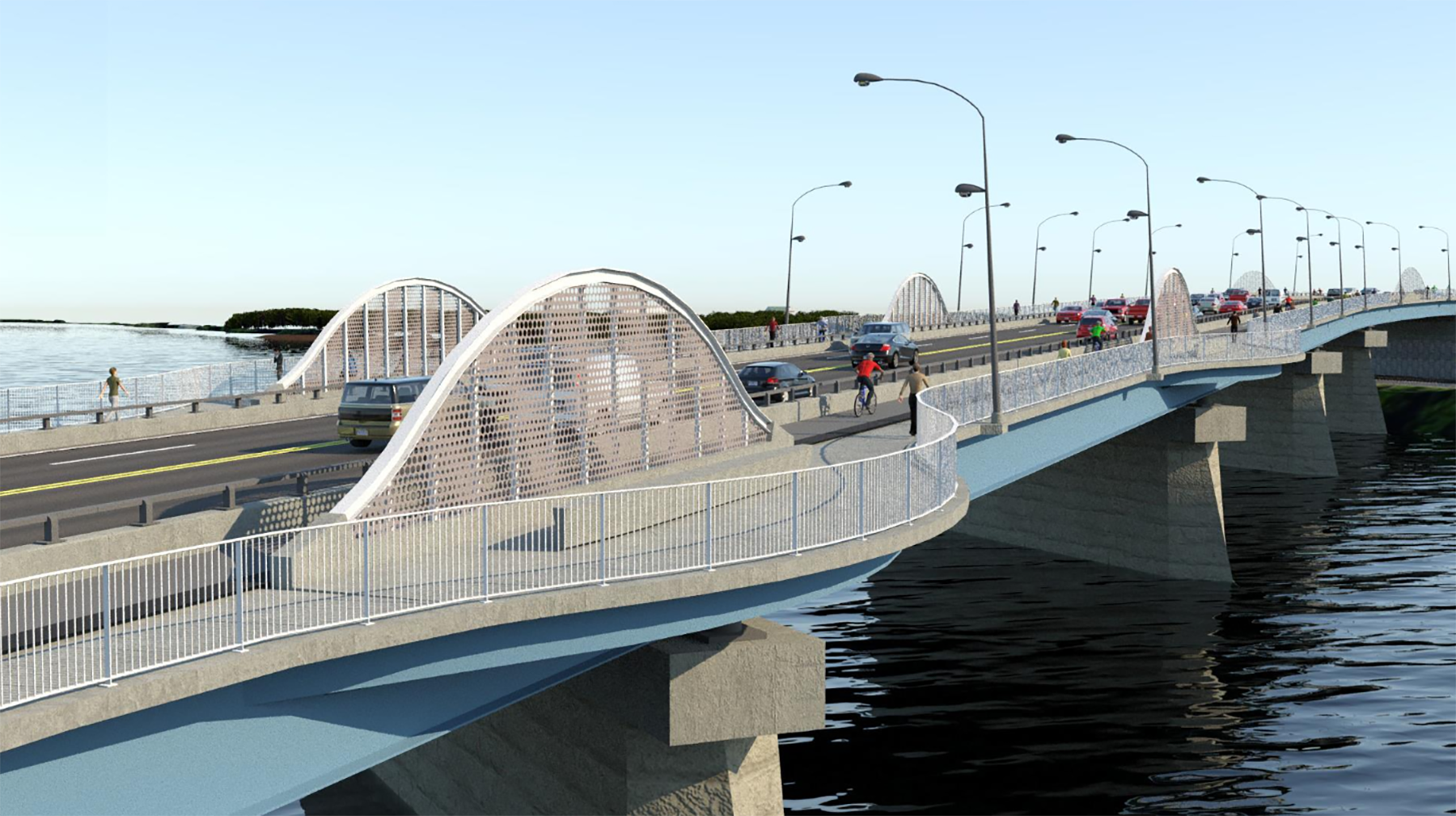 autos, cyclists, and pedestrians cross a bridge stretching over water