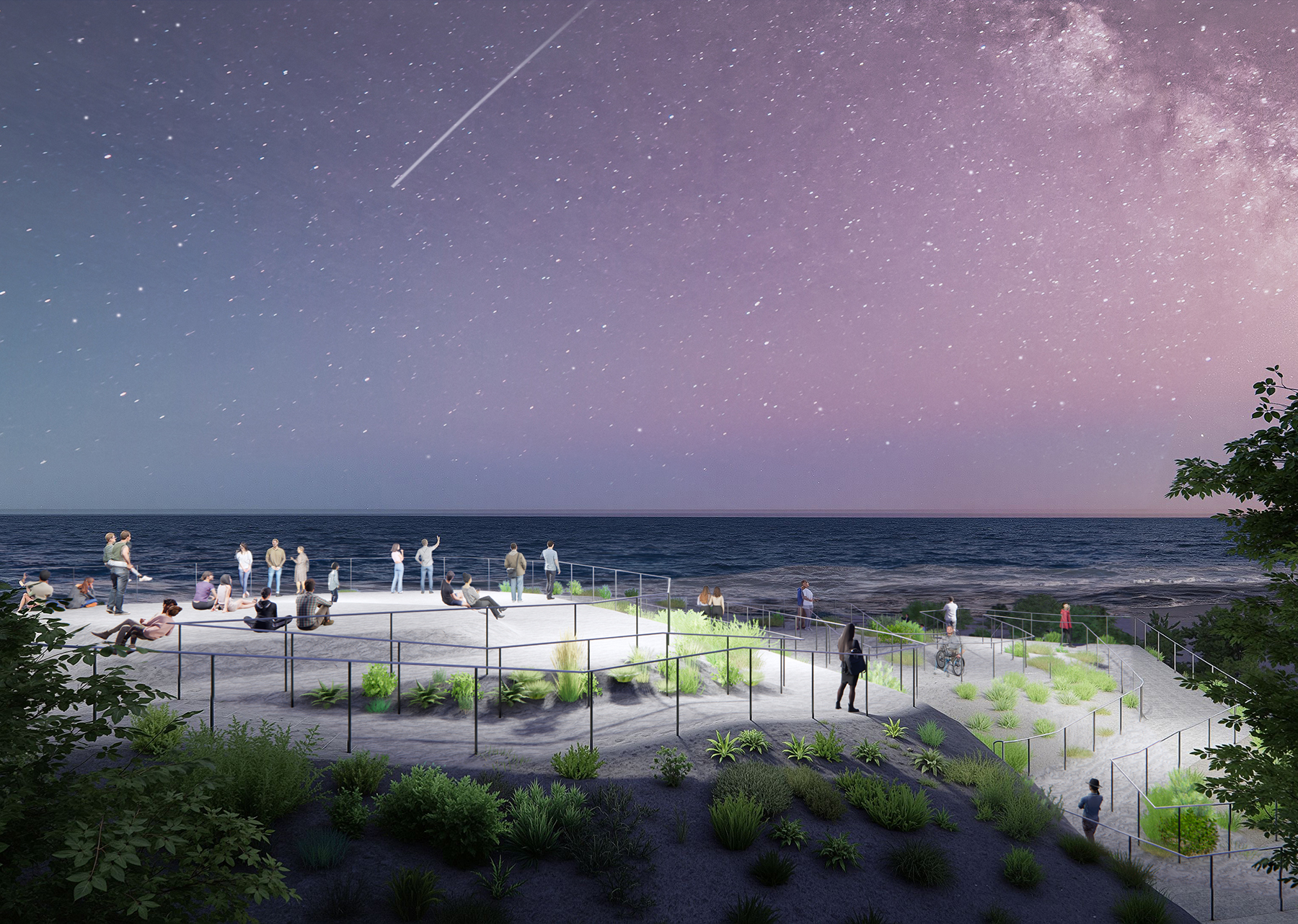 image of people on a rooftop under a night sky along a coast