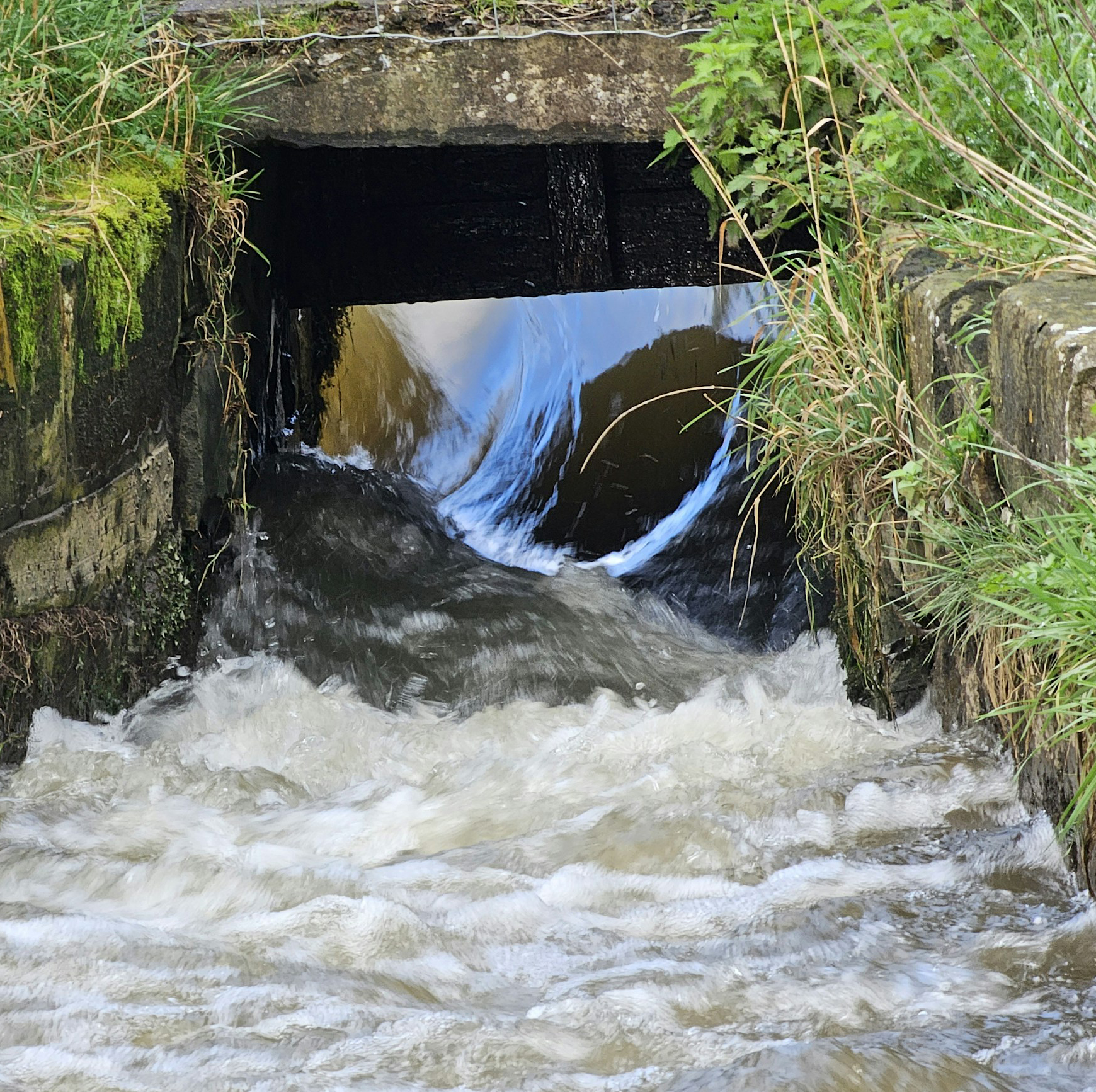 a small stream runs through a stone tunnel