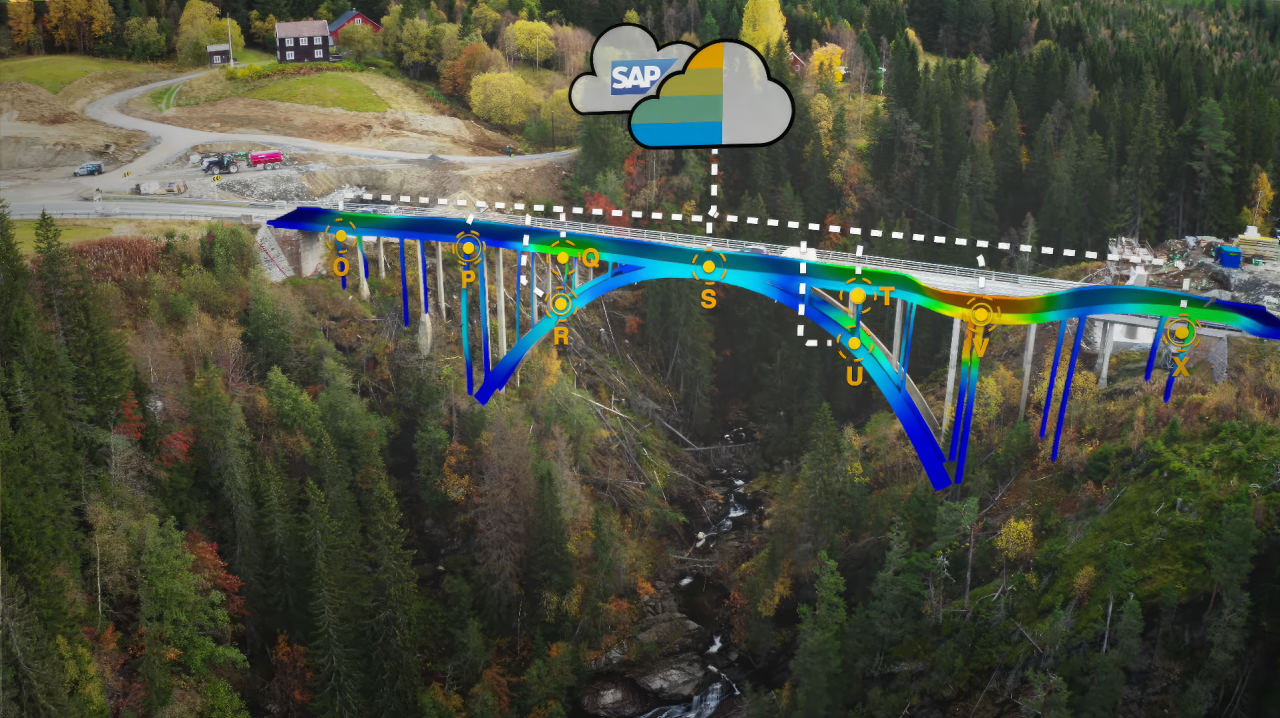 An arched bridge spanning a river gorge with a digital twin animation overlaid