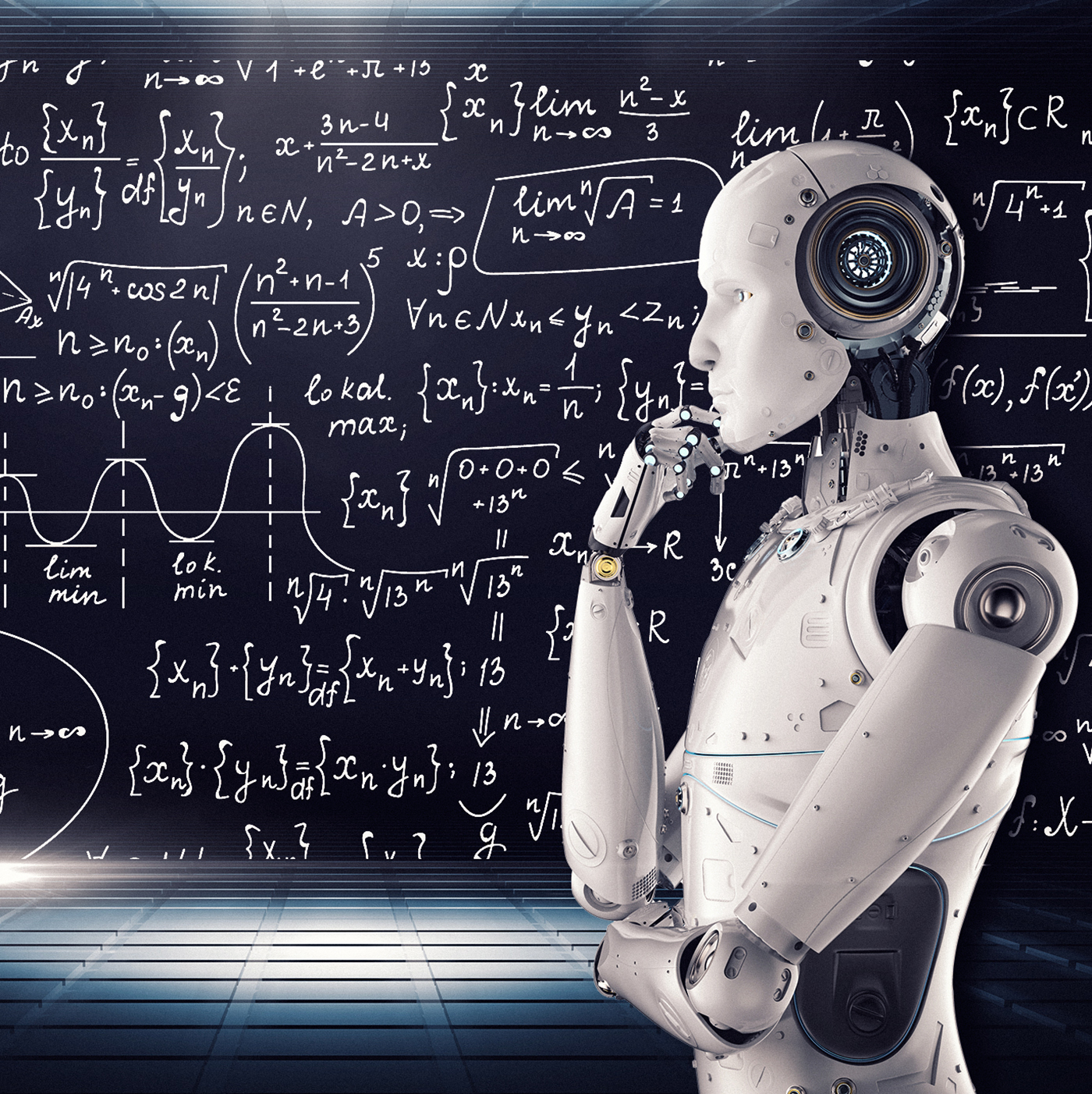 a robotlike figure stands in front of a chalkboard full of math and science problems
