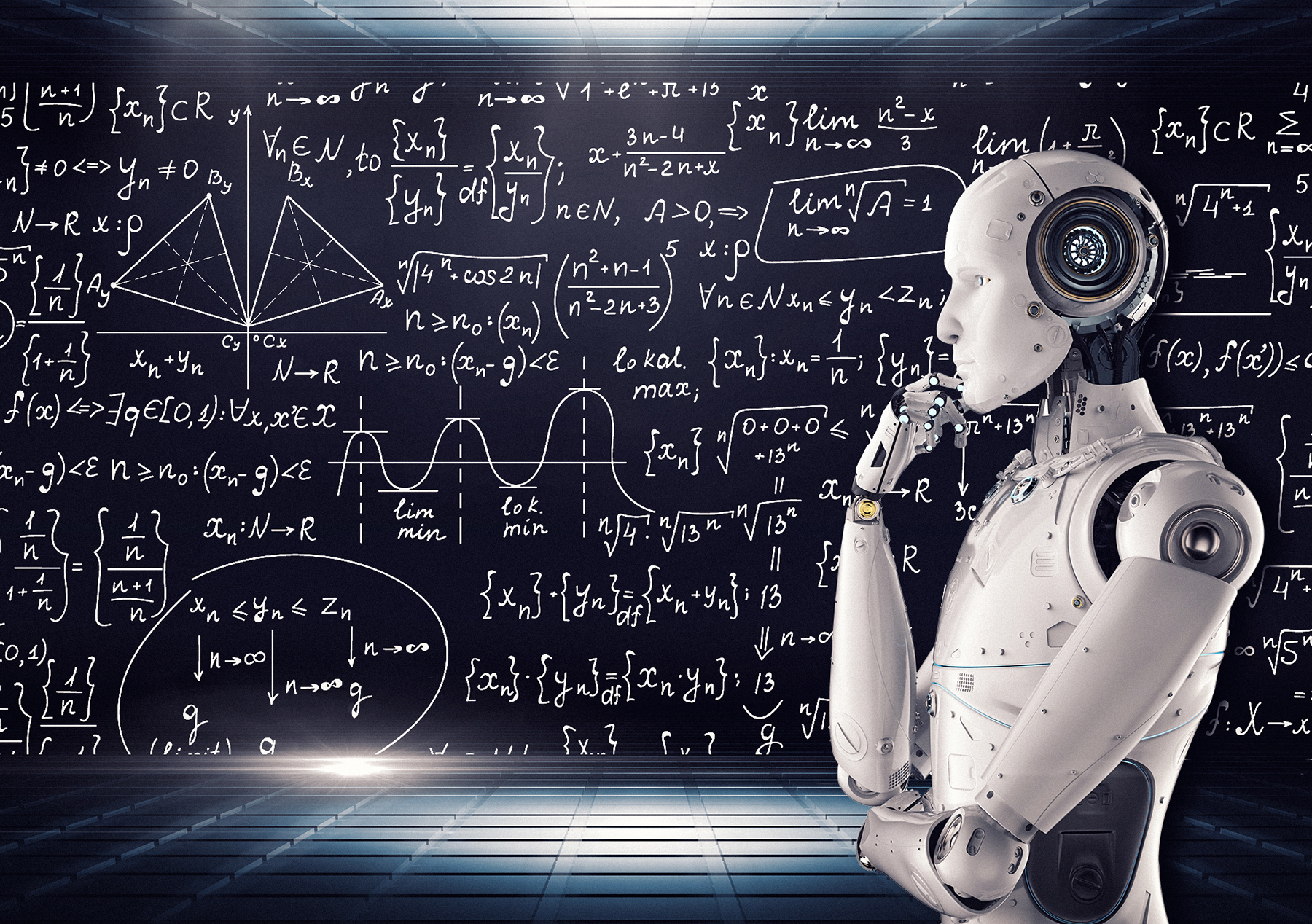 a robotlike figure with a chalkboard full of equations in the background