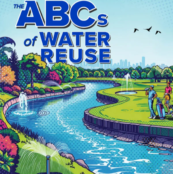 ABCs of Water Reuse book cover, featuring a winding river surrounded by trees and a golf course with a city skyline in the background