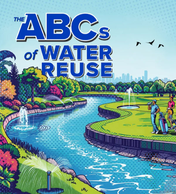 The ABCs of Water Reuse book cover featuring a river surrounded by trees and a golf course with a city skyline in the background The ABCs of Water Reuse book cover featuring a river surrounded by trees and a golf course with a city skyline in the background