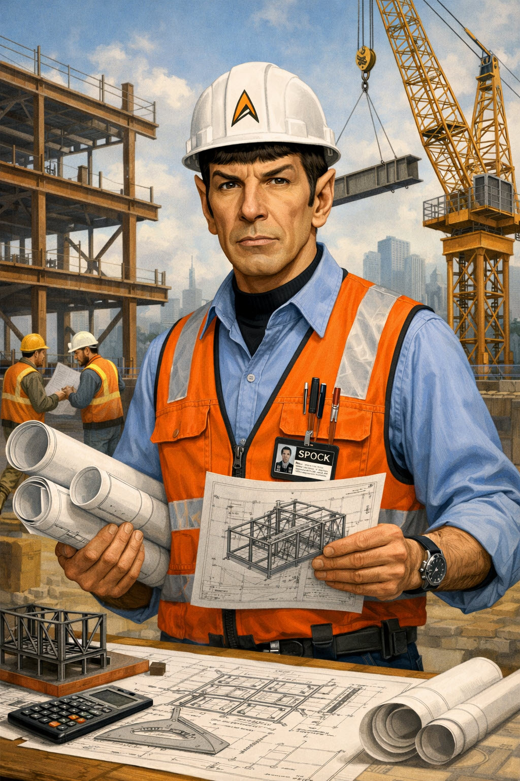 AI image of Mr. Spock on a construction site