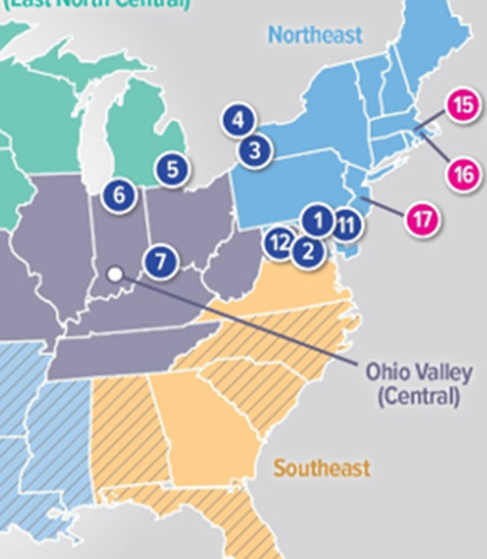 graphic shows map of U.S. and lists places where utilities participate in smart sewer programs