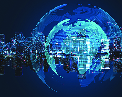 Creative glowing globe with polygonal connections on blurry blue night city background. Big data, futuristic world and business concept
