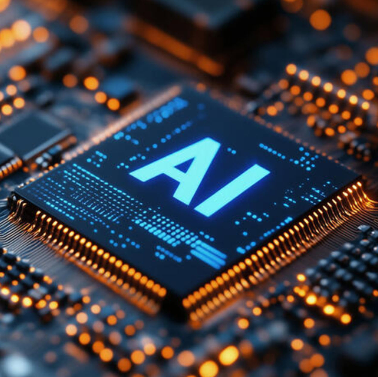 image of glowing circuit board with central microchip labeled AI