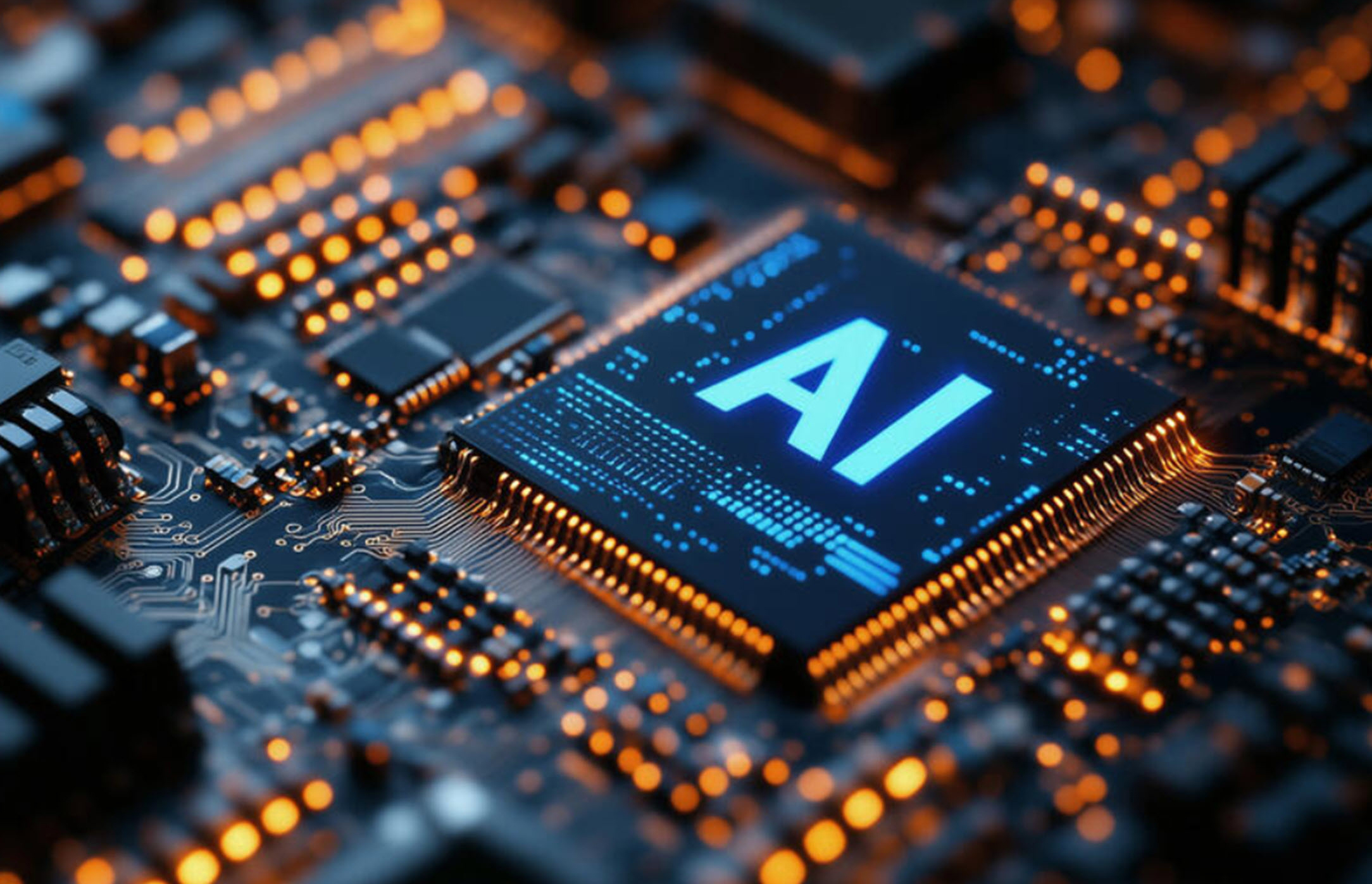 image of a glowing circuit board with central microchip labeled AI