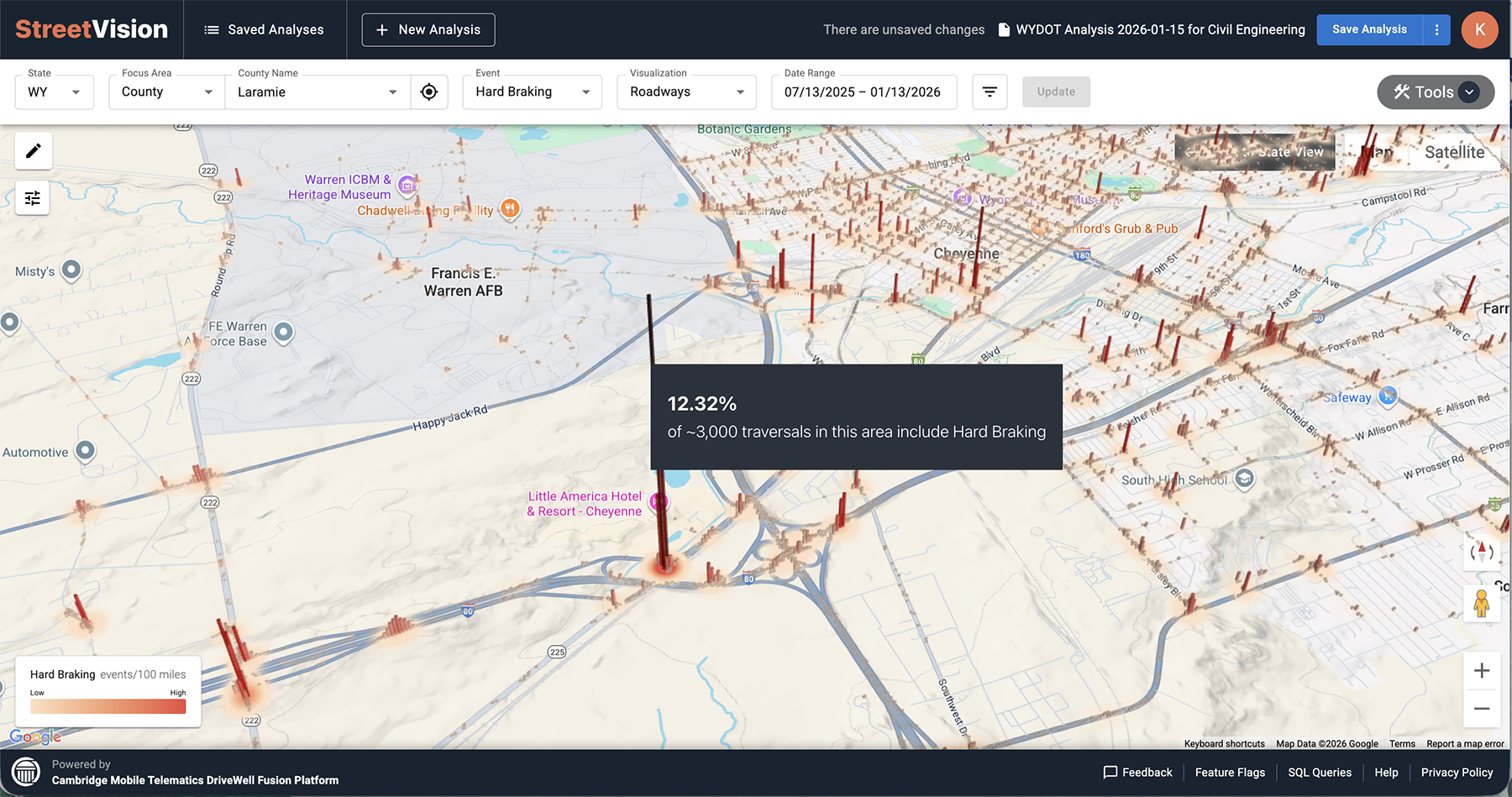 screen capture shows hard braking patterns