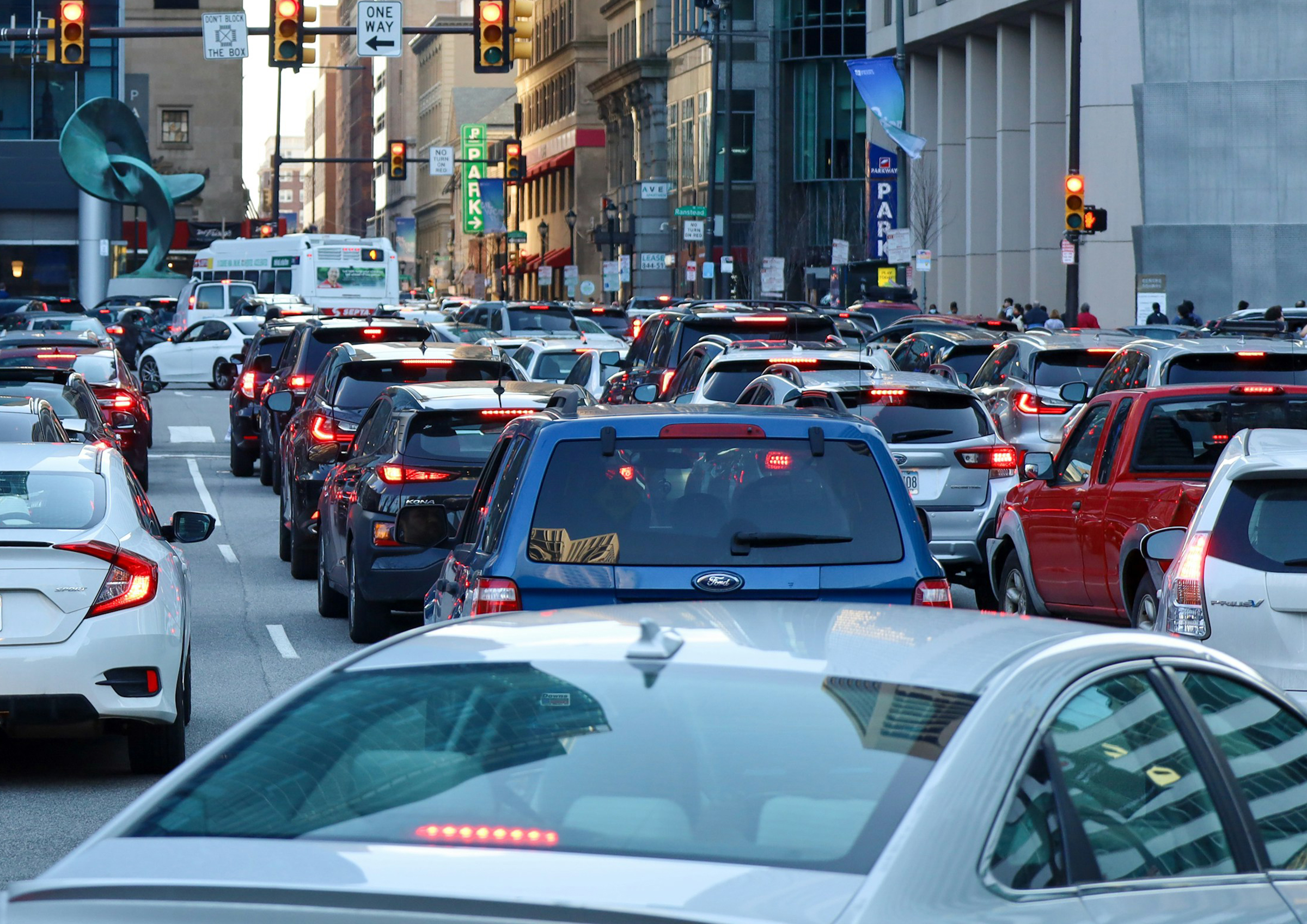 image shows cars snarled in traffic
