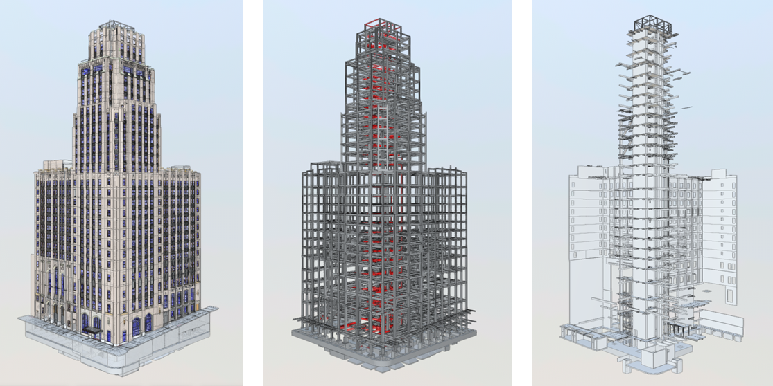Three views of a high-rise showing exterior, steel frame, and internal structure