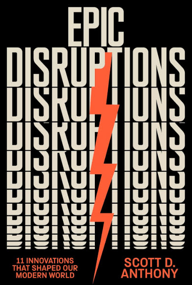 book cover for Epic Disruptions with word disruptions repeatedly listed and a red lightning bold in the middle