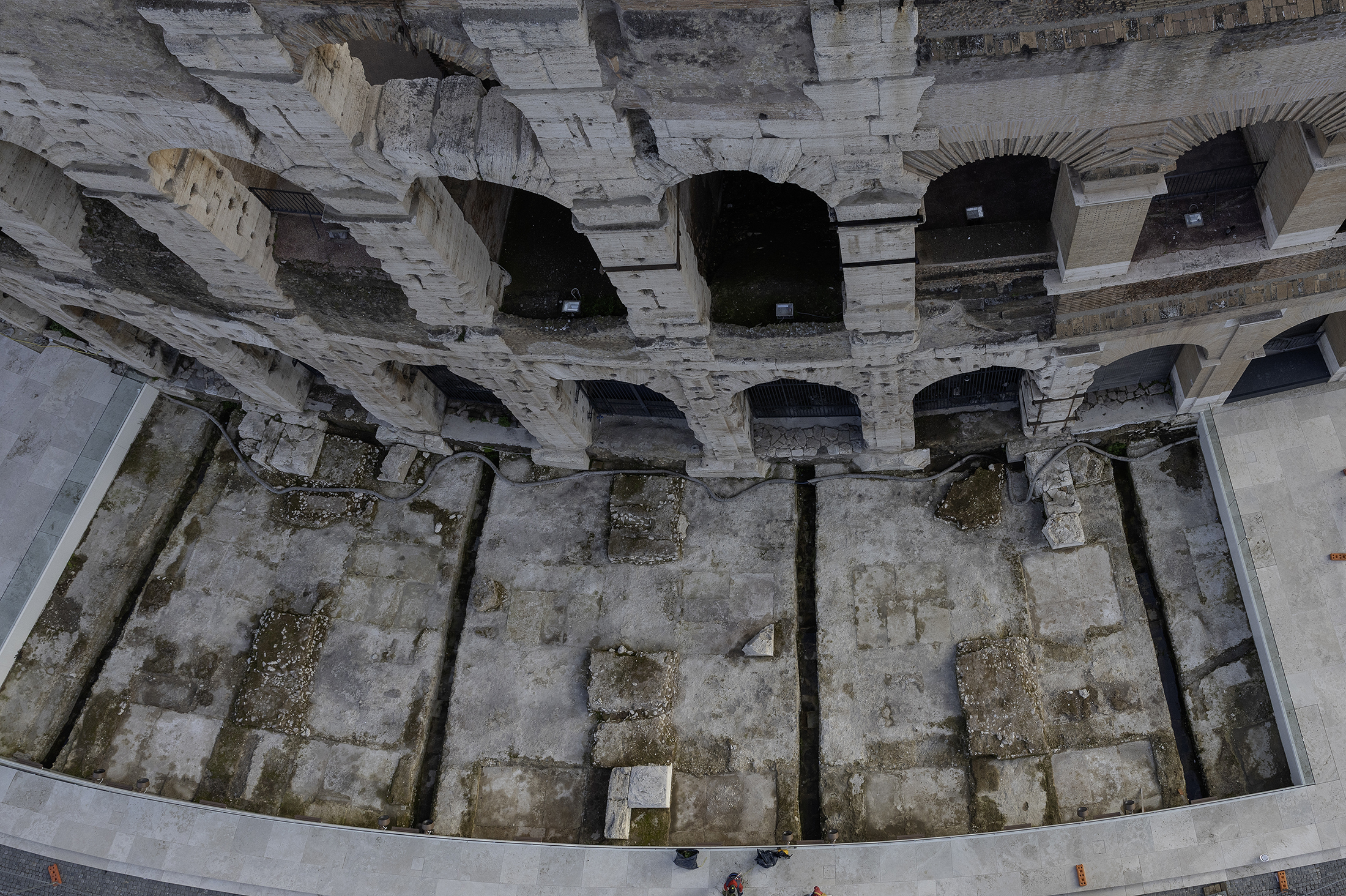 Aerial view of Colosseum foundations and excavated southern archaeological area