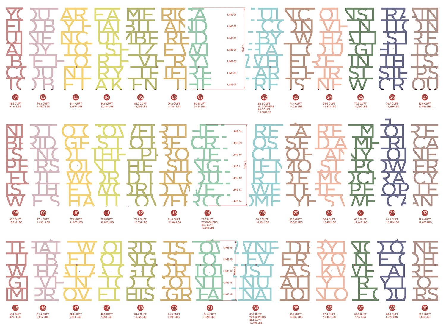 Diagram showing colored letter panel modules for Obama Presidential Center facade installation