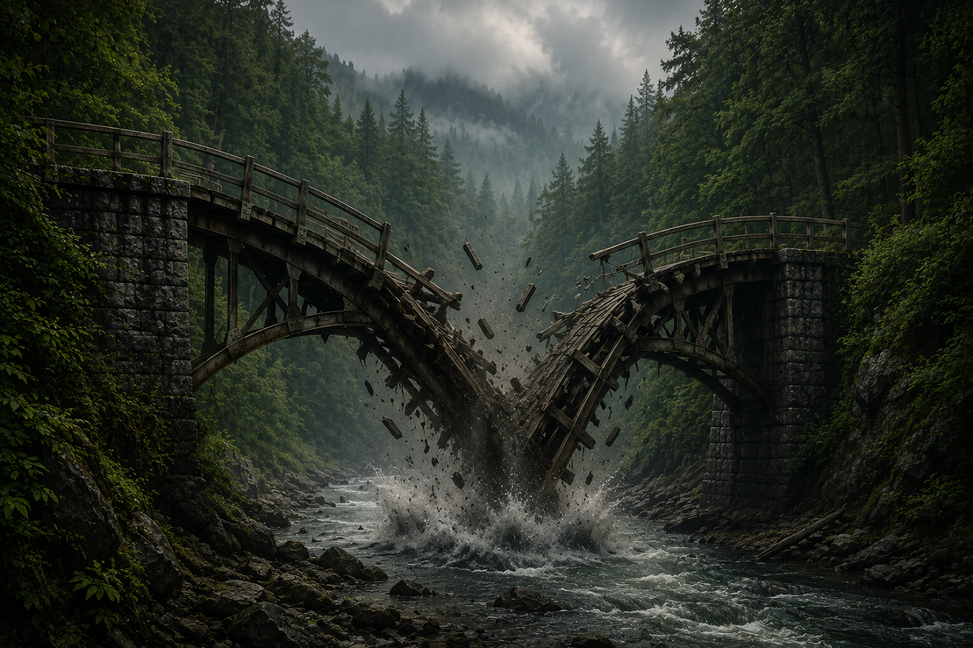 ChatGPT-generated image of a A bridge falling in the forest