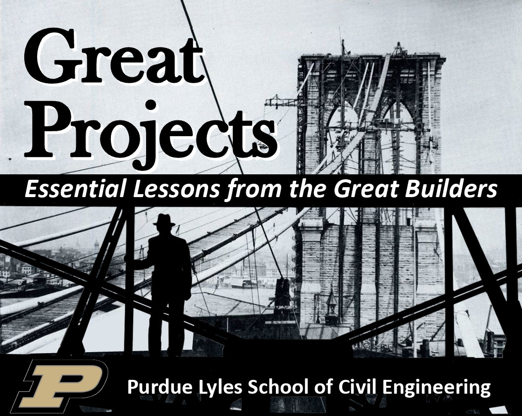Image grab of the handout for the Great Projects course at Purdue featuring a black and white image of the Brooklyn Bridge under construction