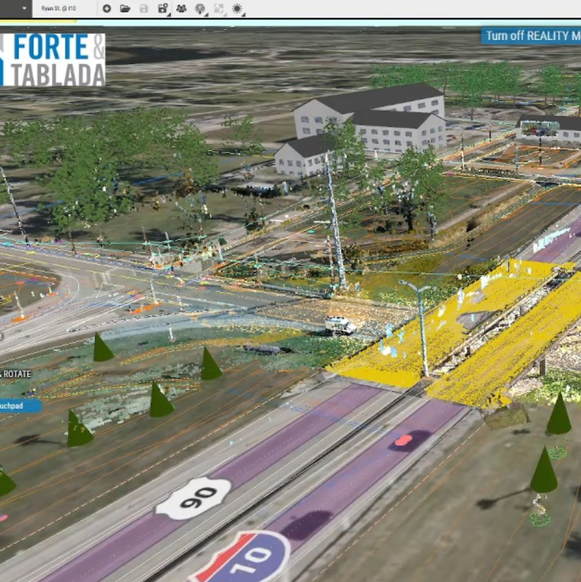 digital twin model of highway overpass with layered geospatial data