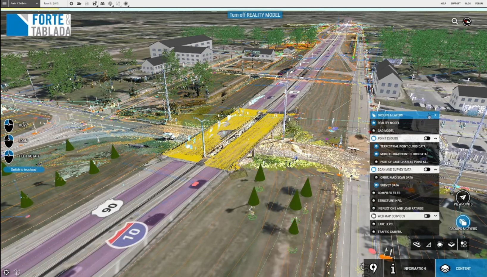 digital twin model of highway overpass with layered geospatial data