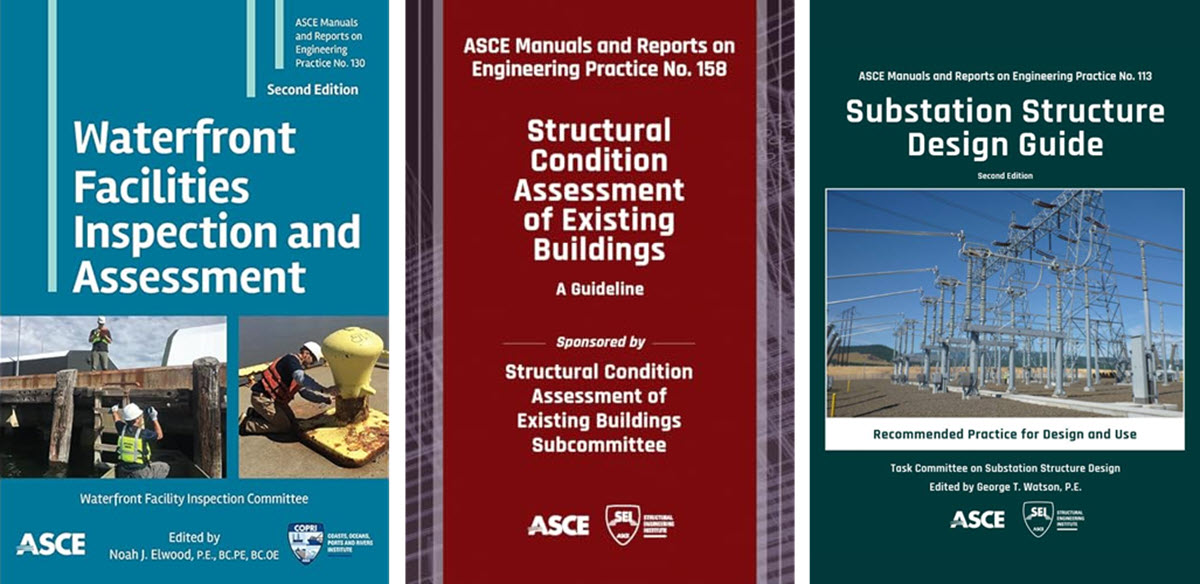 Three covers of Manuals of Practice -- waterfront facilities, structural assessment of existing buildings, substation design guide