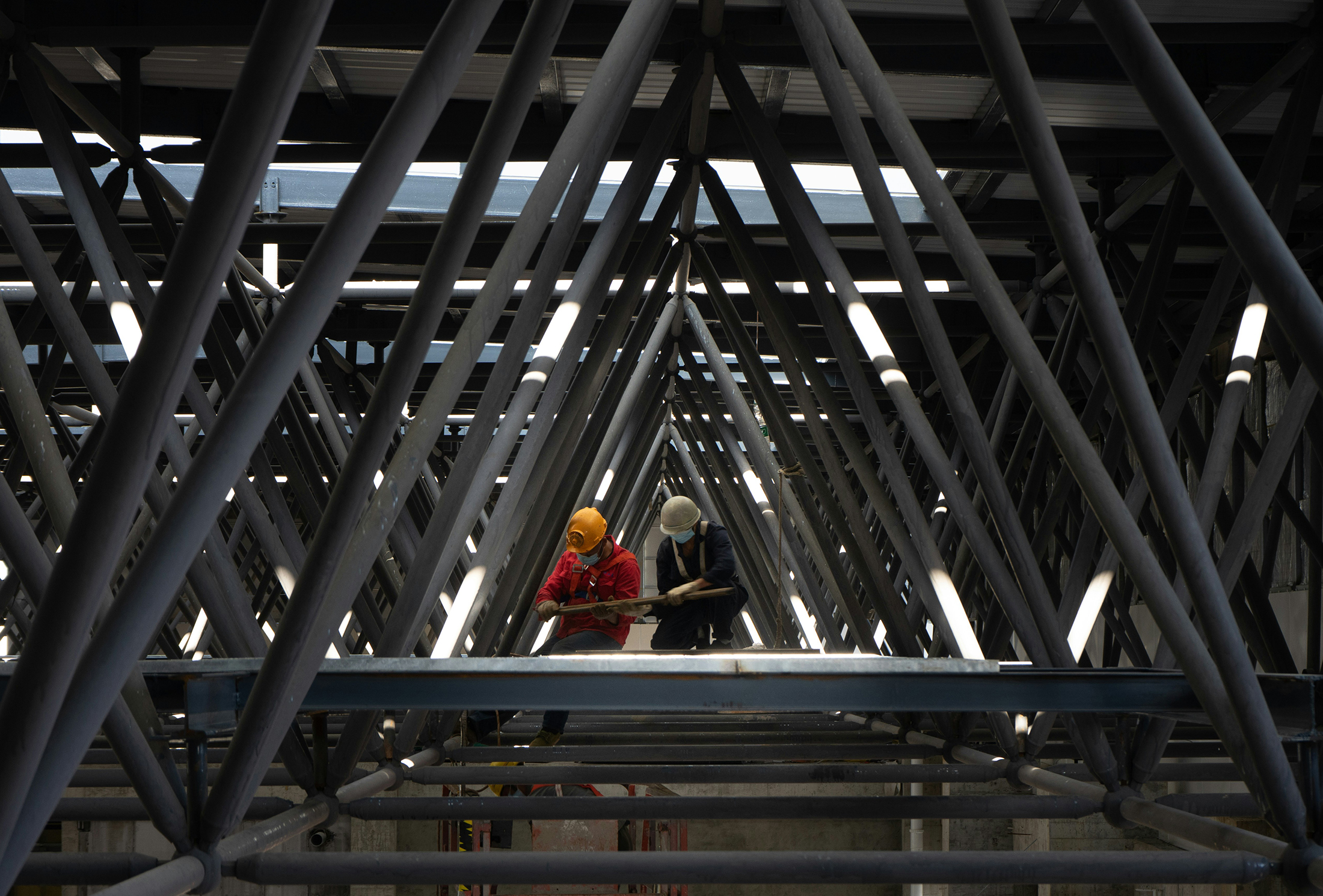 Interior view of steel framework inside building renovation project
