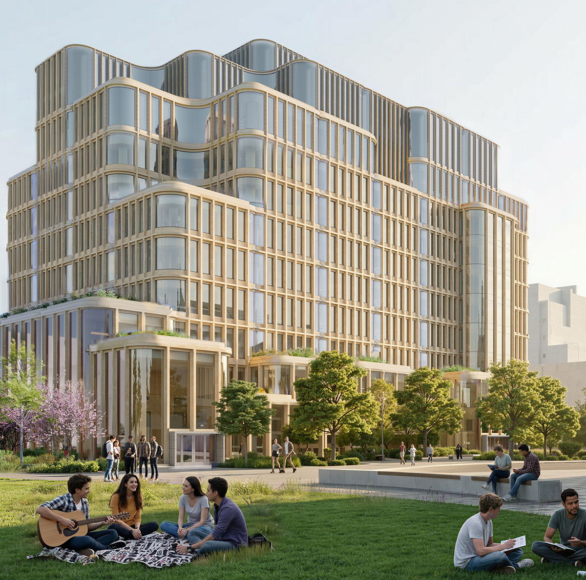 Temerty Building rendering with curved facade overlooking University of Toronto green
